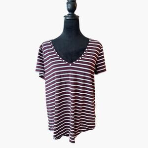 Lululemon Love V-Neck Plum & White Striped Stretch Cotton Lycra T-Shirt Size 14